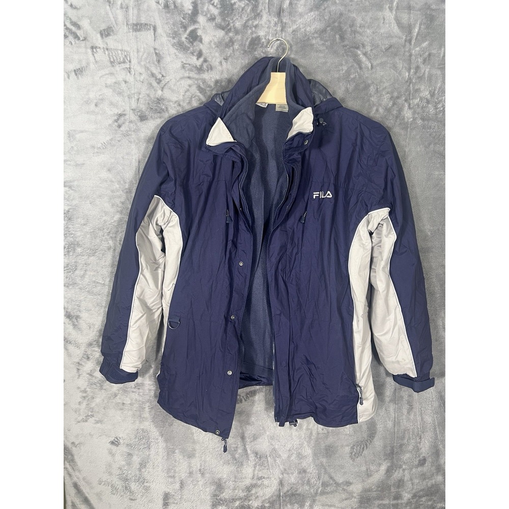 Fila Navy Blue Grey Hooded Windbreaker Fleece Lined Ripstop Jacket Mens Large